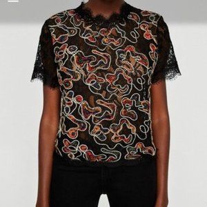 zara floral embroidered black lace  short sleeves top size Small